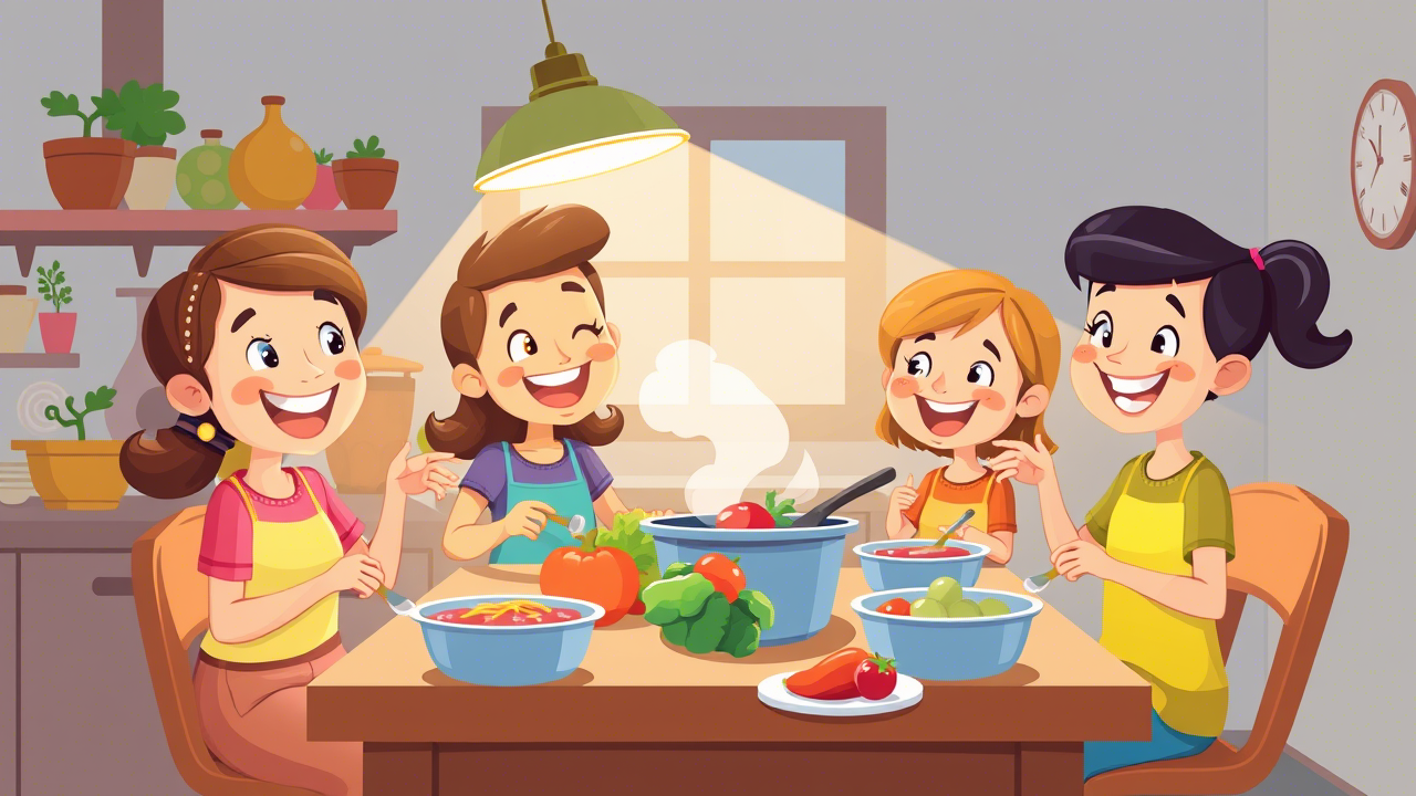 generate a cartoon wikihow thumbnail style for a blog post titled "7 Happy Day Dinners That Will Make You Smile" Image only. important: never include Any words inside the post. never include wikihow branding